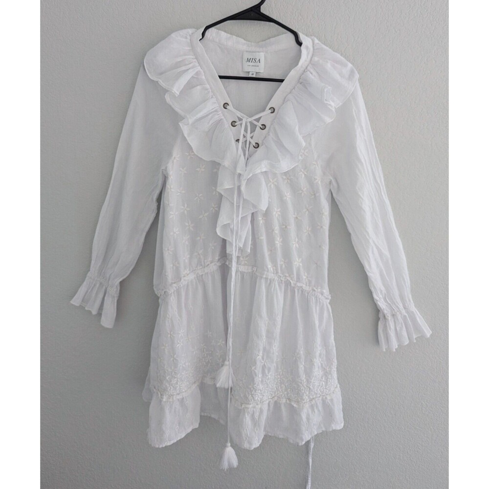 Misa Los Angeles Daya Mini Dress Women's Size Medium White Eyelet Ruffle Dress